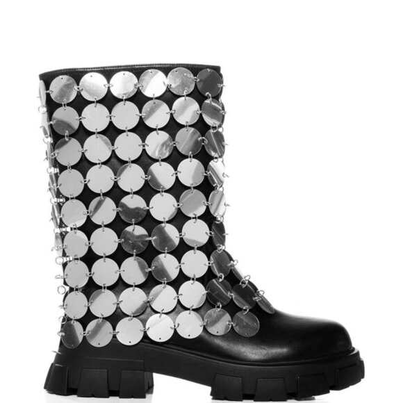 AZALEA WANG " SILVER LINING " SILVER DISC EMBELLISHED BOOT BLACK - Picture 5 of 7